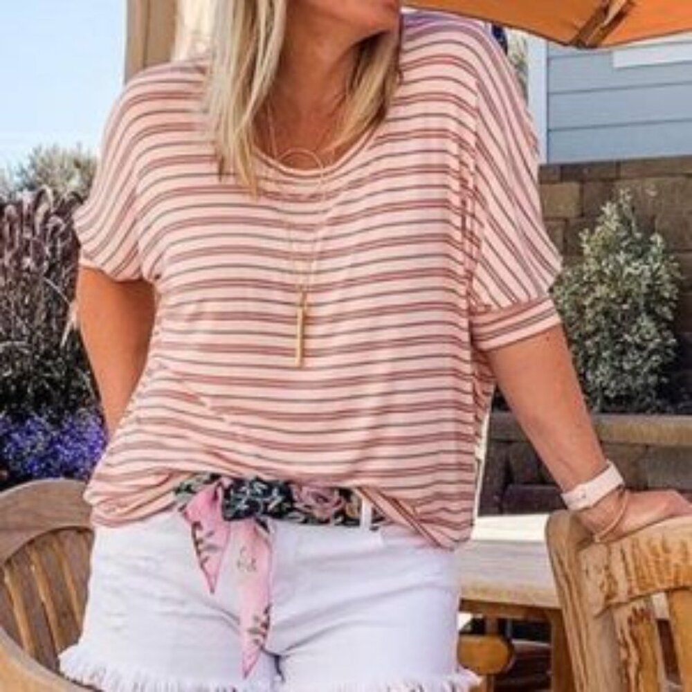 CAbi Pink and White Striped Short Sleeve Tee - Relaxed Crew